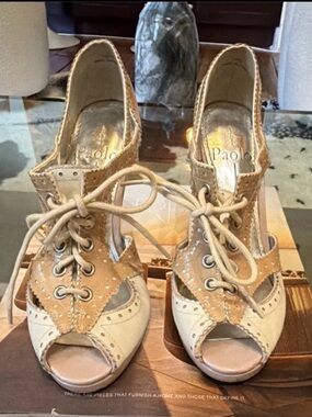 Paolo Two-Tone Beige Cream Lace-Up Peep-Toe Heels
